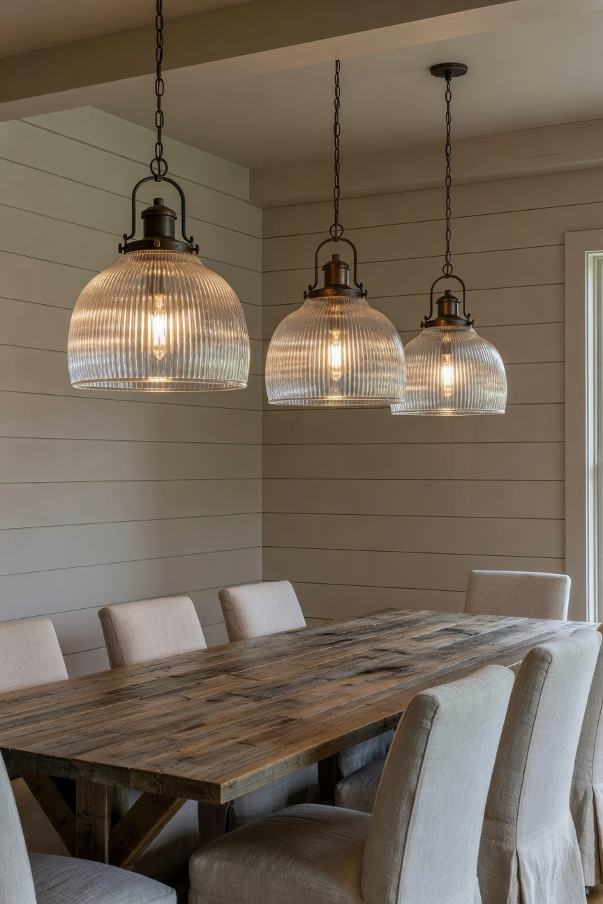 A sophisticated farmhouse dining room featuring authentic ribbed Holophane glass pendant lighting over a reclaimed wood table.