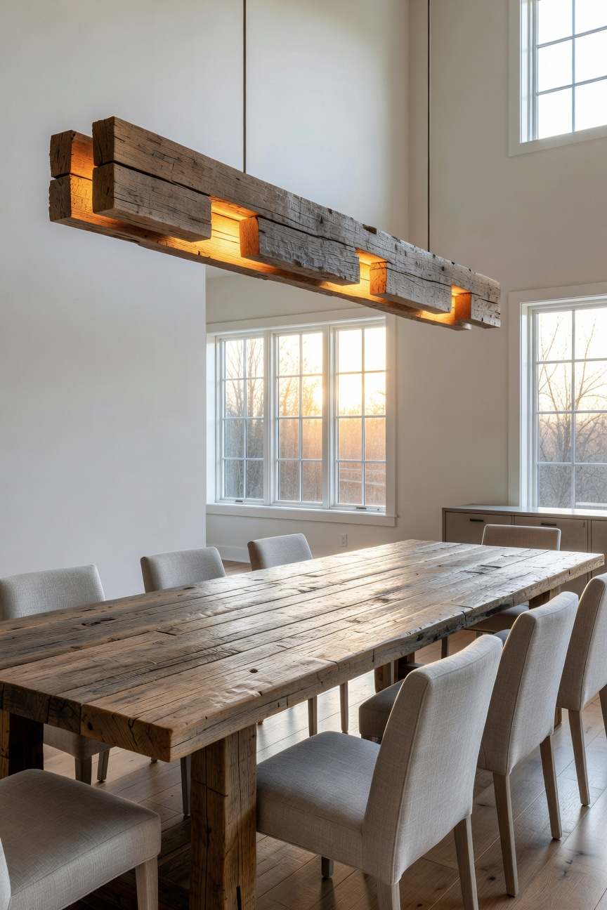 A farmhouse dining room featuring a long wooden table and a custom linear suspension light made from a reclaimed wood beam with backlit architectural details.