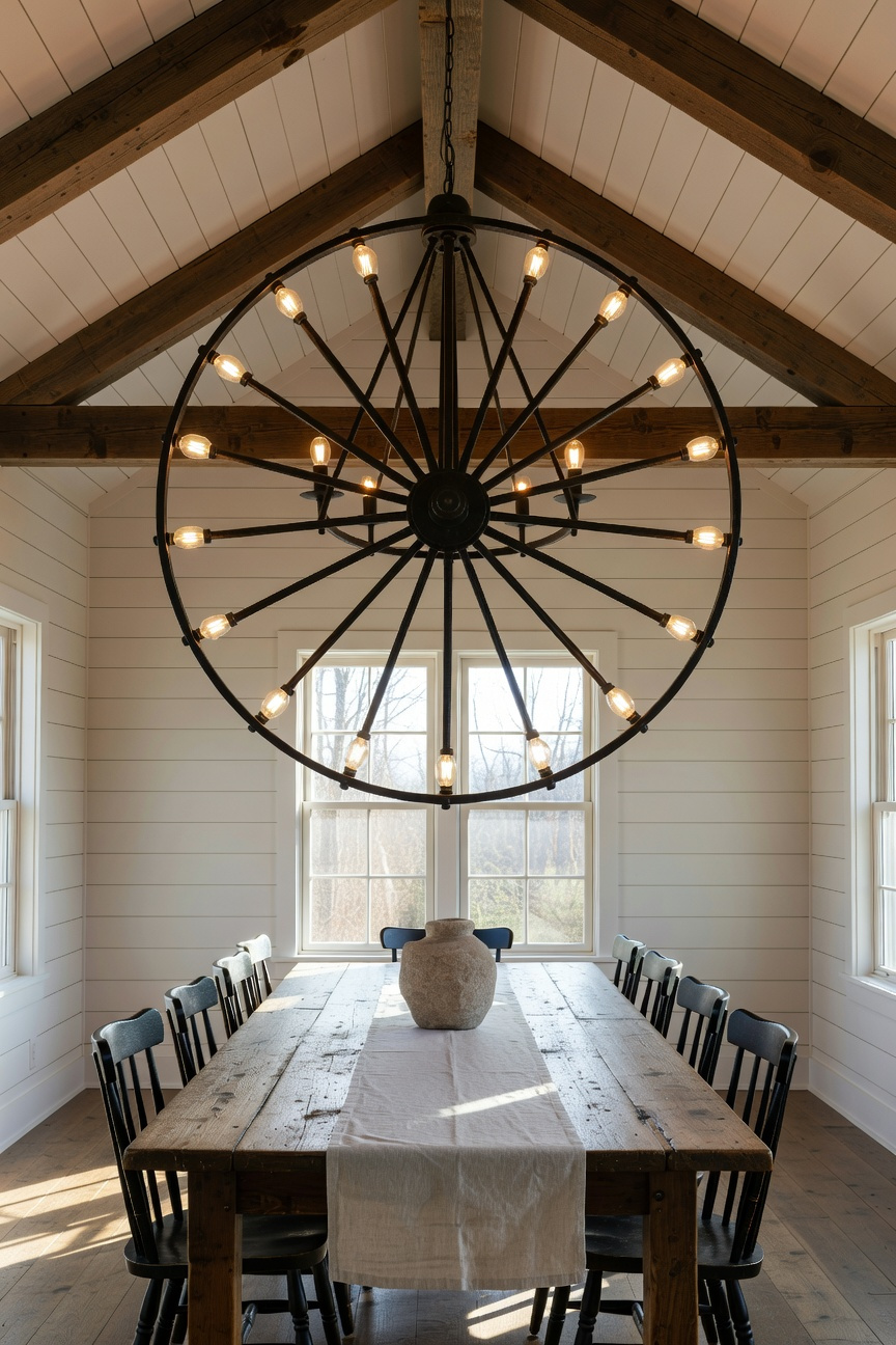 A large hand-forged wrought iron wagon wheel chandelier hanging over a rustic wooden table in a farmhouse dining room with vaulted ceilings.