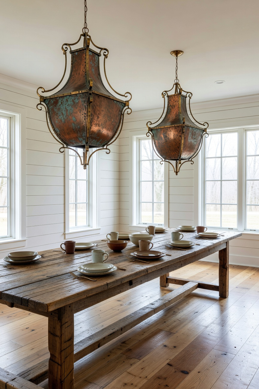 A spacious farmhouse dining room with oversized patinated copper and brass pendant lights hanging over a rustic wooden table.