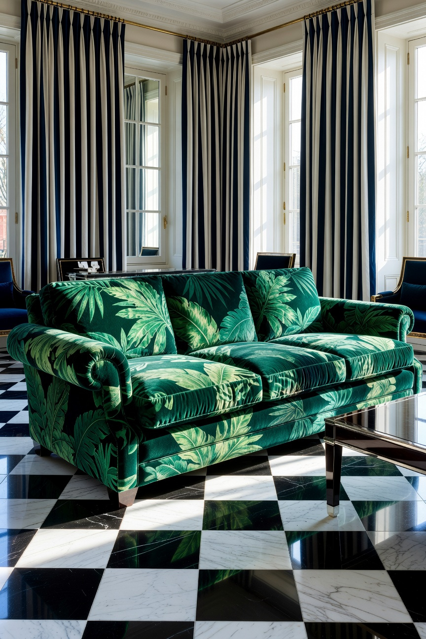 A high-contrast living room featuring a green palm leaf velvet sofa on a black and white marble checkerboard floor with striped curtains.