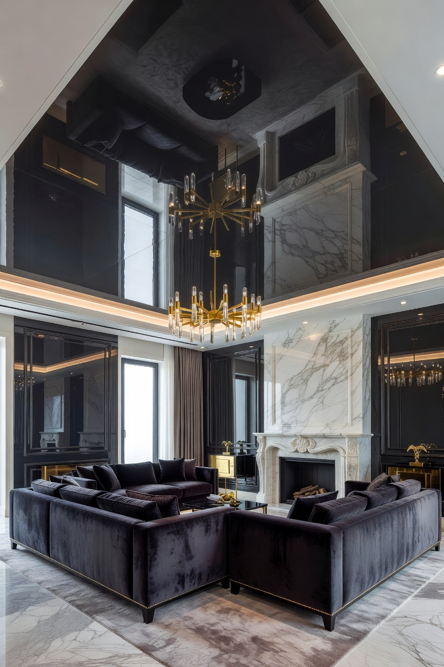 A luxurious living room style featuring a dramatic high-gloss charcoal ceiling that reflects the furniture and lighting like a mirror.
