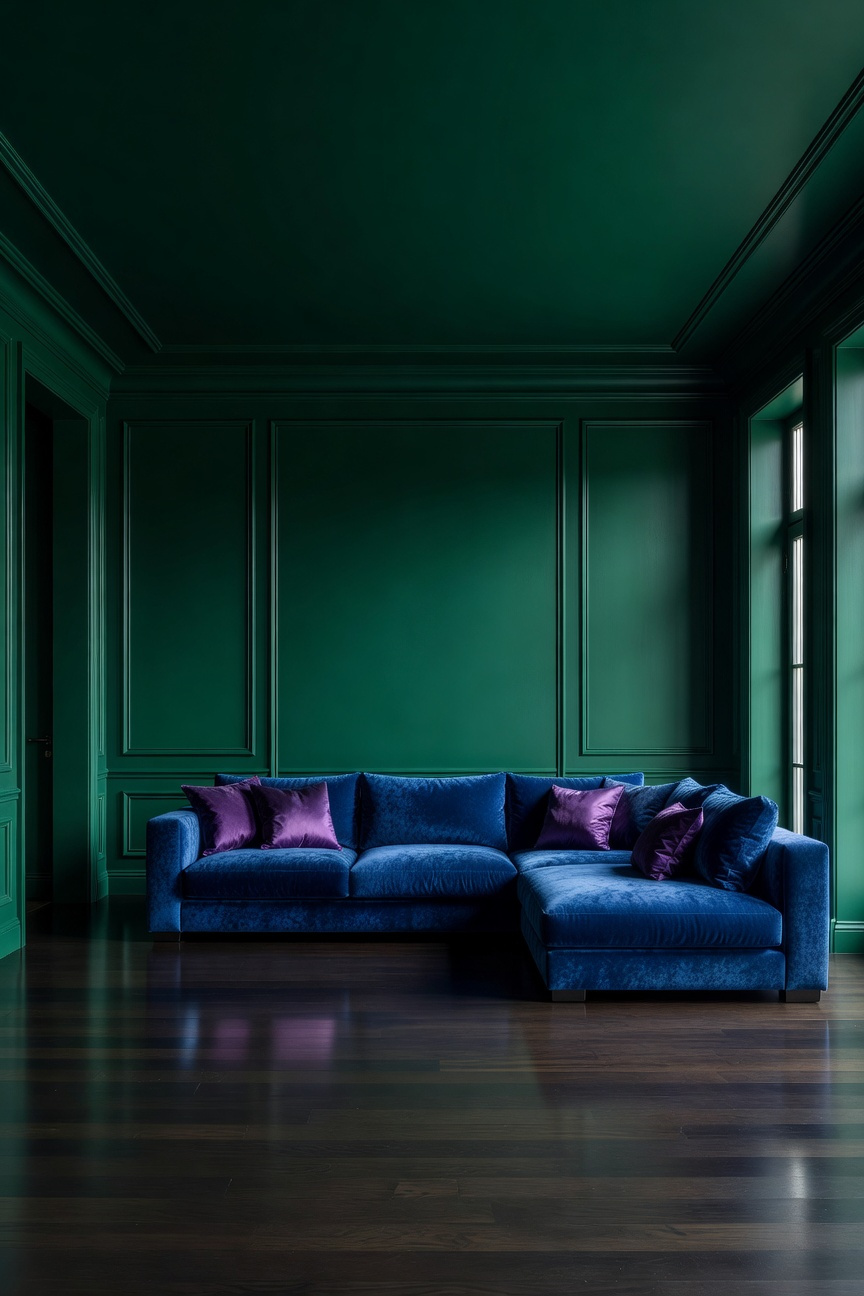 A luxurious living room featuring emerald green color-drenched walls and sapphire blue velvet furniture without contrasting trim.