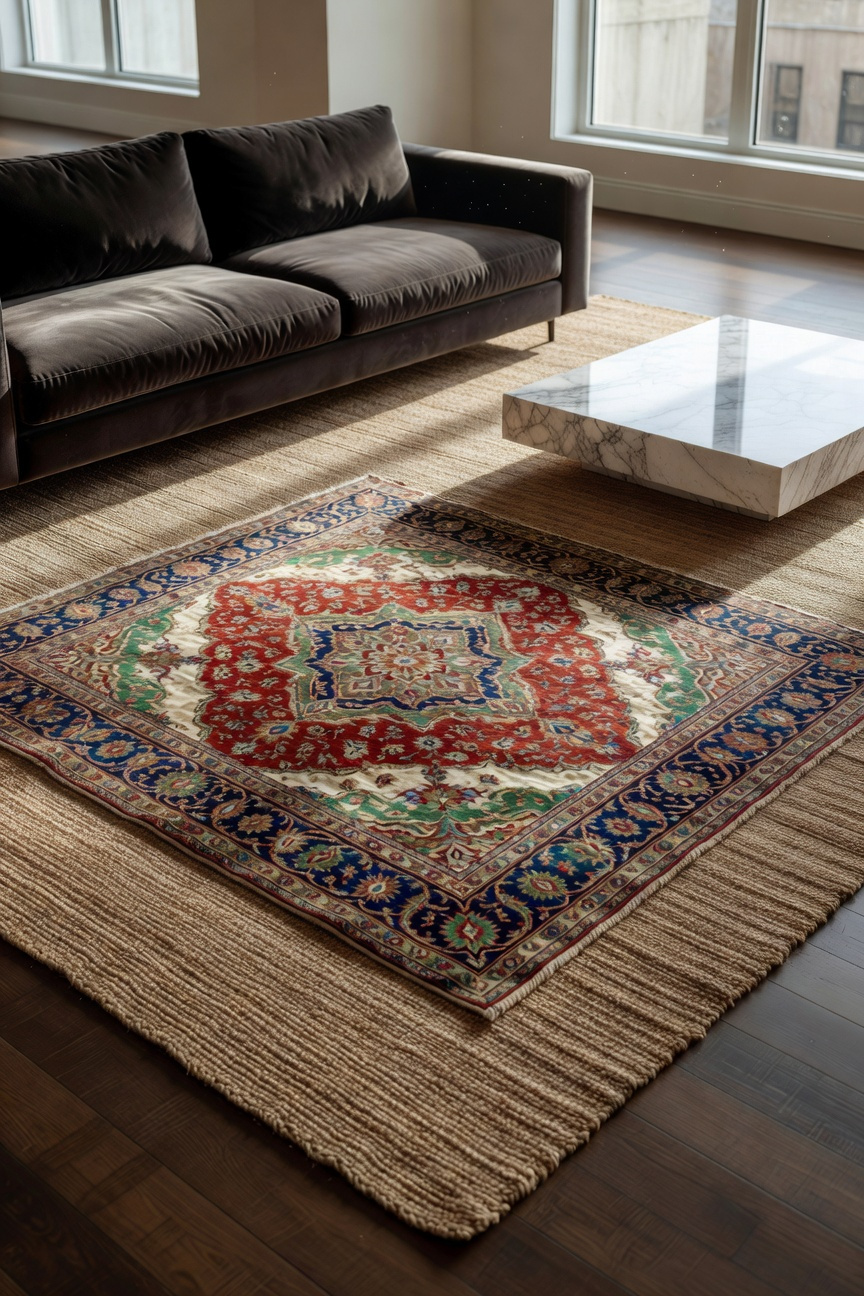 A luxurious living room featuring a patterned heirloom silk rug layered over a large natural jute base rug under a velvet sofa.