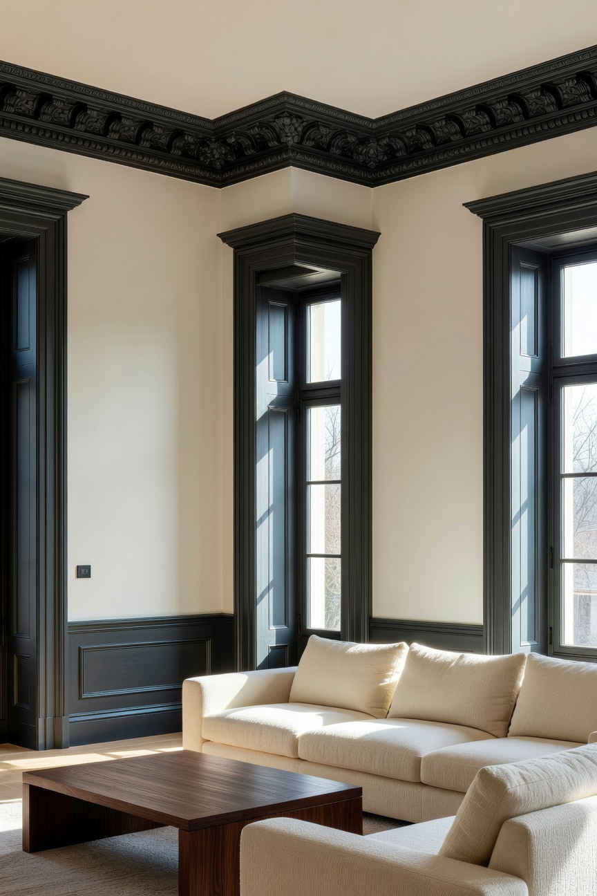 A bright living room featuring high-contrast dark charcoal architectural trim and moldings against light walls.