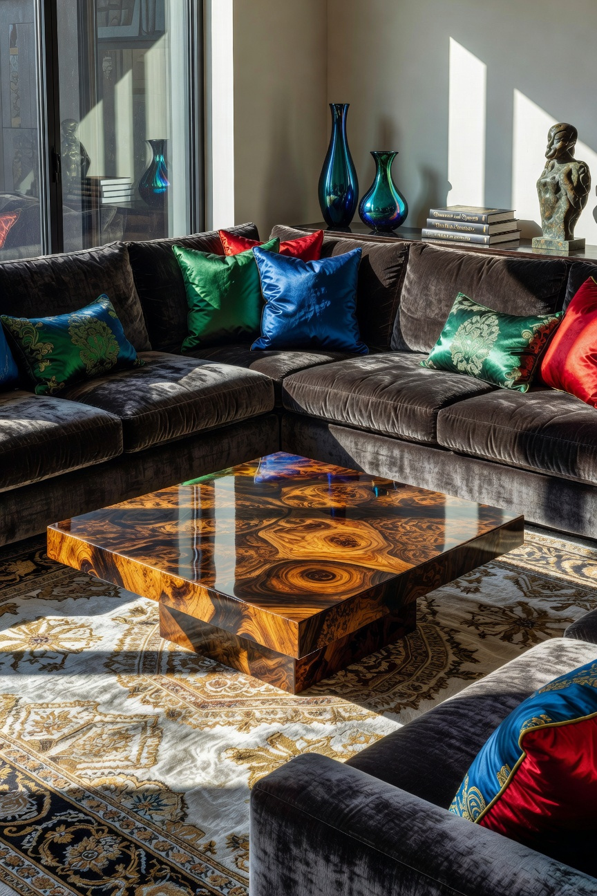 A high-end living room featuring a burl wood coffee table and a mohair velvet sofa with shimmering silk pillows.