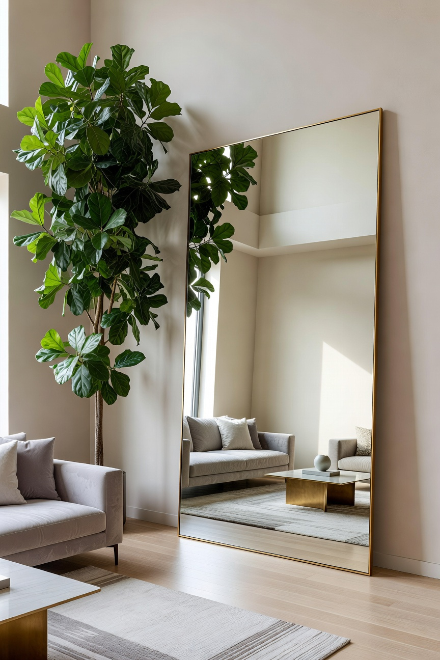 An oversized seven-foot leaning mirror and a tall indoor plant in a brightly lit modern living room showing exaggerated scale.