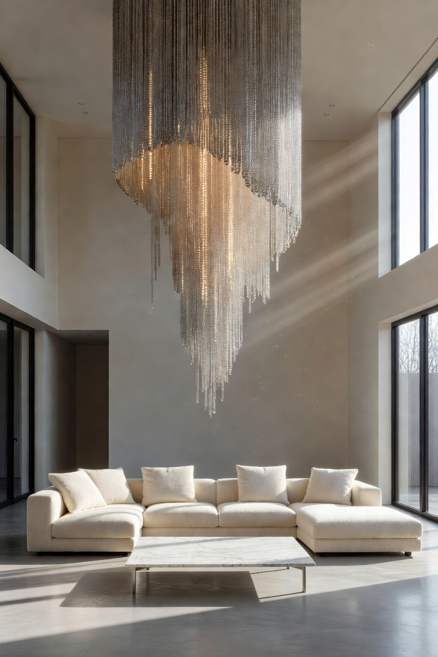 A luxury living room with a large, artistic pendant light made of metallic chains hanging from a high ceiling.