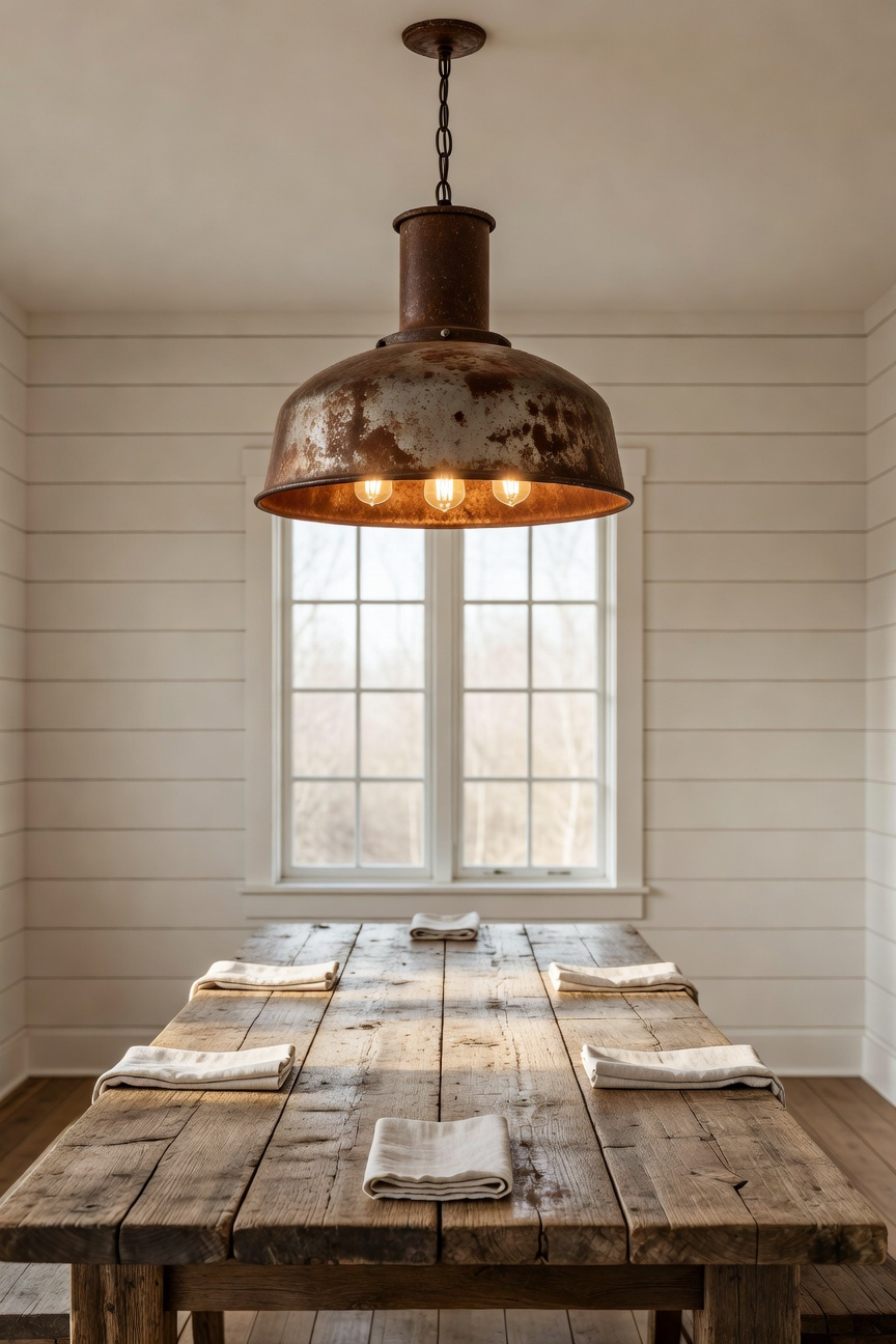 A spacious farmhouse dining room showcasing a large upcycled vintage metal pendant light with authentic oxidation over a reclaimed wood table.