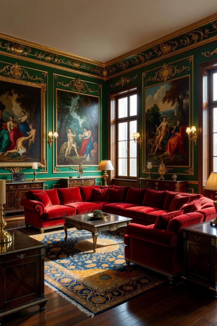 A vibrant living room with deep emerald green walls, a rich Pompeian red velvet sofa, and ornate gold accents.